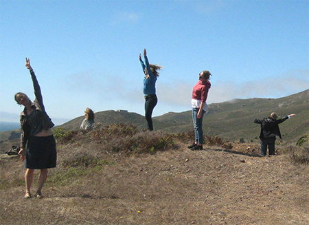 RenÃ©e Rhodes, Muscle Map Hiking Club, 2012. Hike and movement workshop at the Headlands Center for the Arts that guided participants through a series of exercises for translating the landscape from visual data to embodied topological maps.