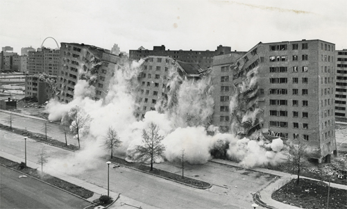 April 1972. The second, widely televised demolition of a Pruitt-Igoe building that followed the March 16 demolition. Source: U.S. Department of Housing and Urban Development