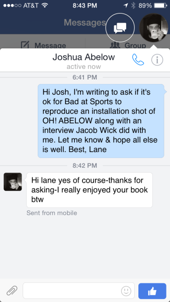 Exchange between Josh Abelow and Lane Relyea