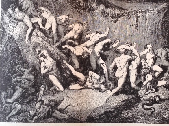 Inferno Canto 24, “Thieves tortured by serpents,” illustration by Gustave Doré.