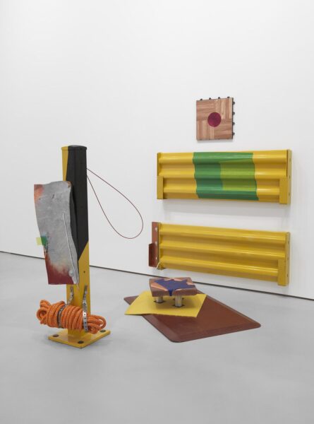 Jessica Stockholder. "Detached Detail," 2016. Installed: 57 1/2 by 46 1/2 by 60 in. Industrial metal fencing, dance floor tile, leather, vinyl, rope hardware, floor tile, floor mat, masonry square tile, bent metal rod, acrylic and oil paint. 